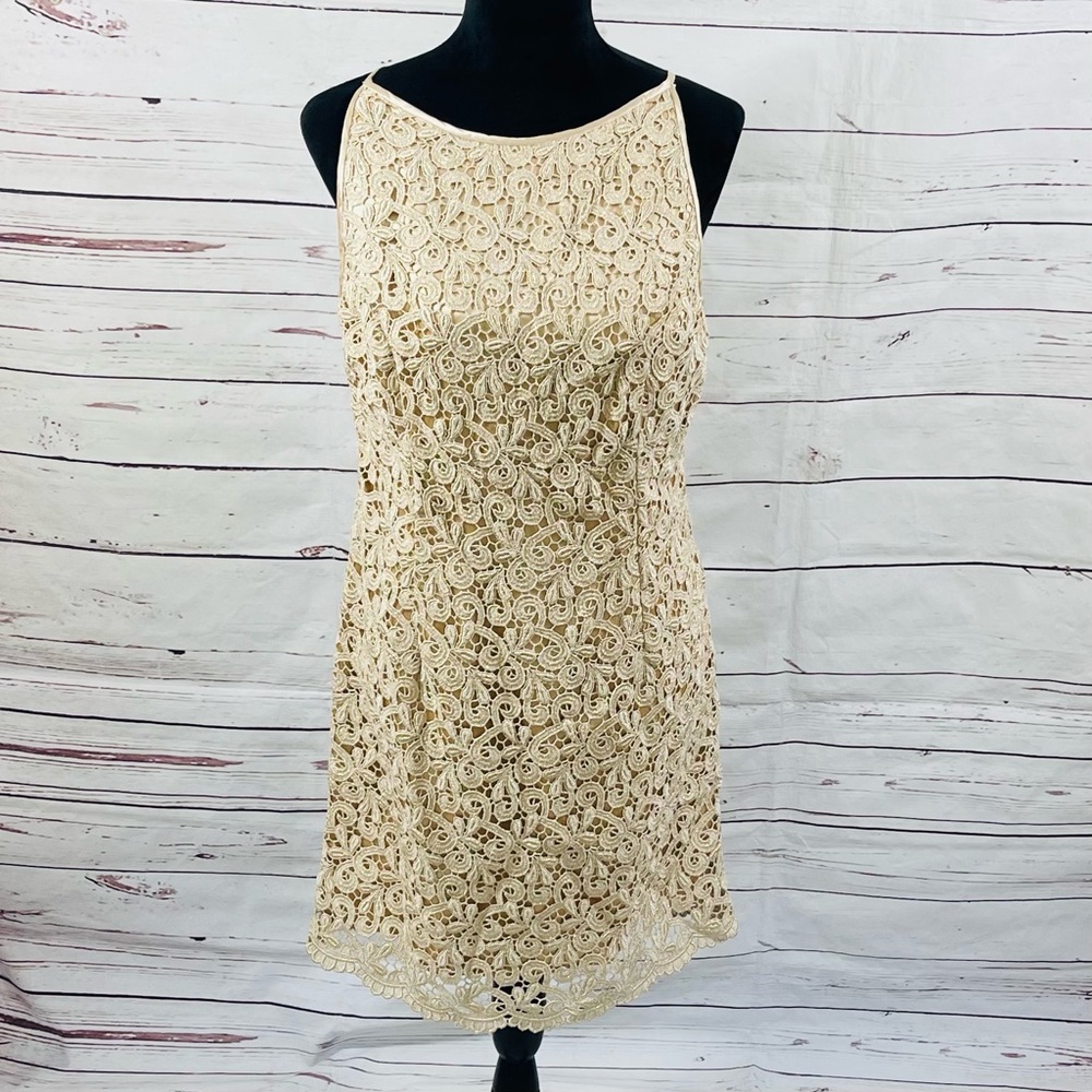 Vintage Jessica McClintock Lace Dress Womens 12 Gold Eyelet Metallic Sleeveless.